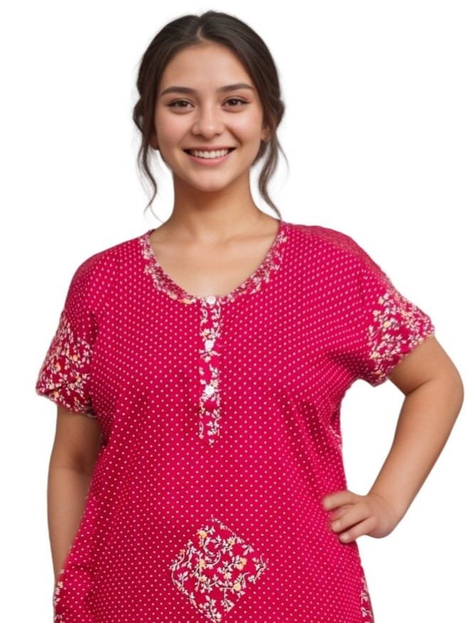 Red Polka Dot Print Designer Pure Cotton Nighty | A-line | XXL, Bust Size 48”| Length 54"| N254