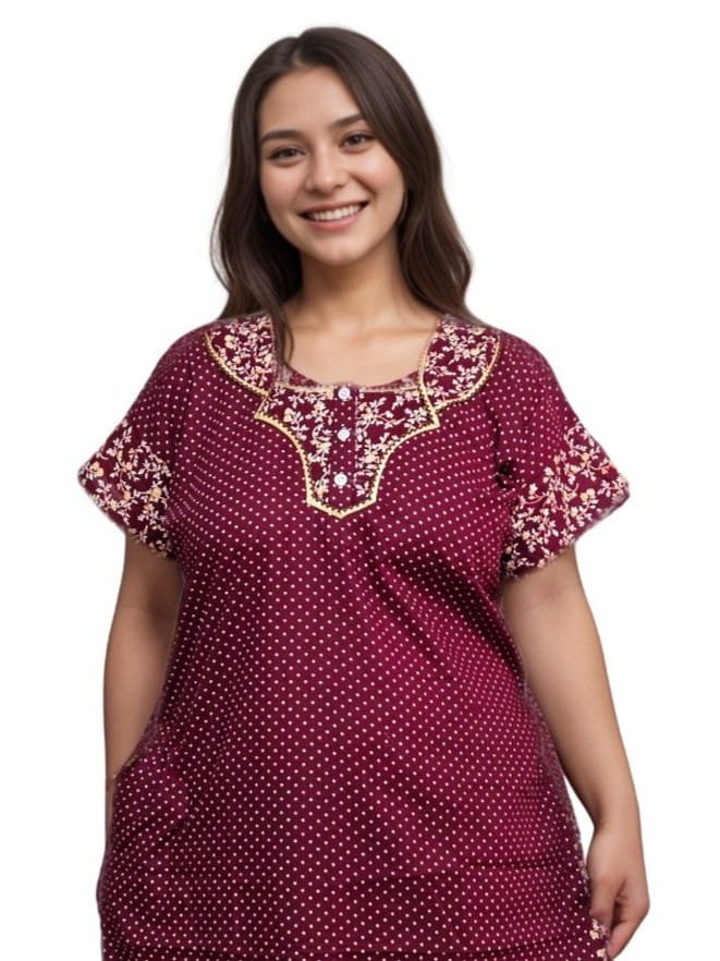 Maroon Polka Dot Print Designer Pure Cotton Nighty | A-line | XL, Bust Size 46”| Length 54"| N283