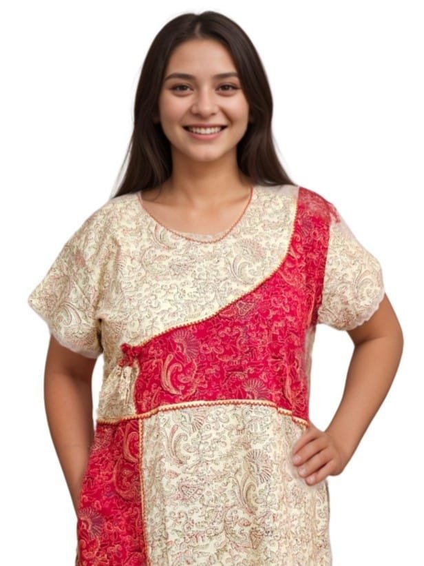 Beige and Red Designer Pure Cotton Nighty | A-line | XL, Bust Size 46”| Length 54"| N284