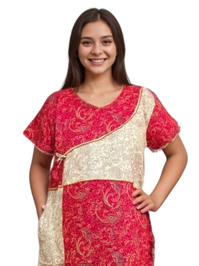 Red and Beige Designer Pure Cotton Nighty | A-line | XL, Bust Size 46”| Length 54"| N285