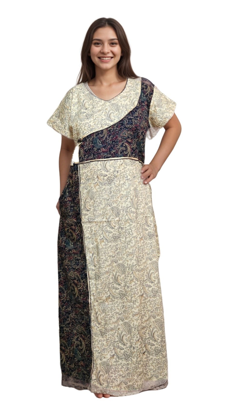 N286 2 Beige and Navy Blue Designer Pure Cotton Nighty | A-line | XL, Bust Size 46”| Length 54"| N286 - Image 3