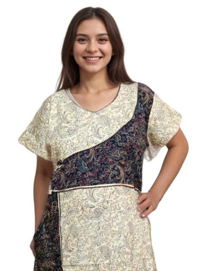 Beige and Navy Blue Designer Pure Cotton Nighty | A-line | XL, Bust Size 46”| Length 54"| N286