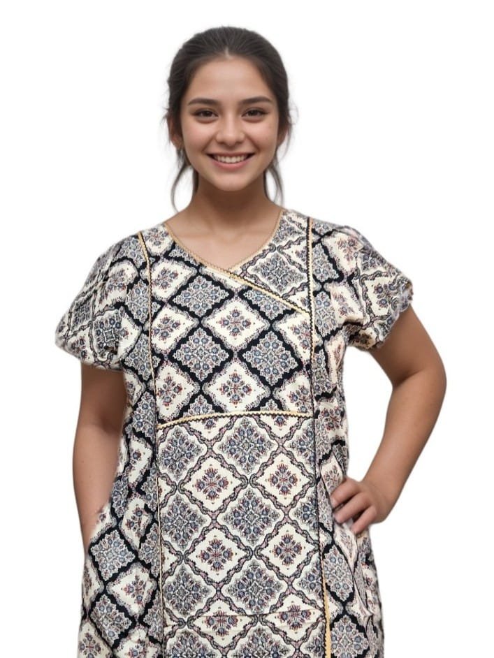 Beige and Navy Blue Printed Designer Pure Cotton Nighty | A-line | XL, Bust Size 46”| Length 54"| N287