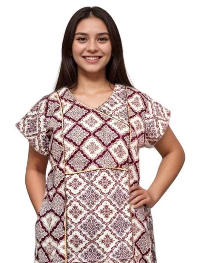 Beige and Maroon Printed Designer Pure Cotton Nighty | A-line | XL, Bust Size 46”| Length 54"| N288