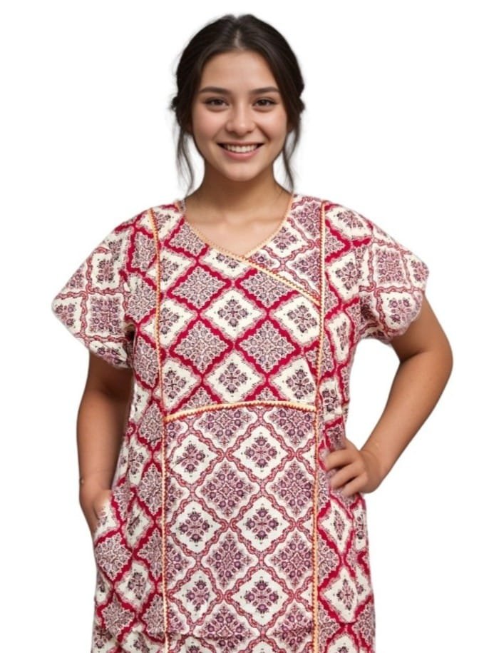 Beige and Red Printed Designer Pure Cotton Nighty | A-line | XL, Bust Size 46”| Length 54"| N289