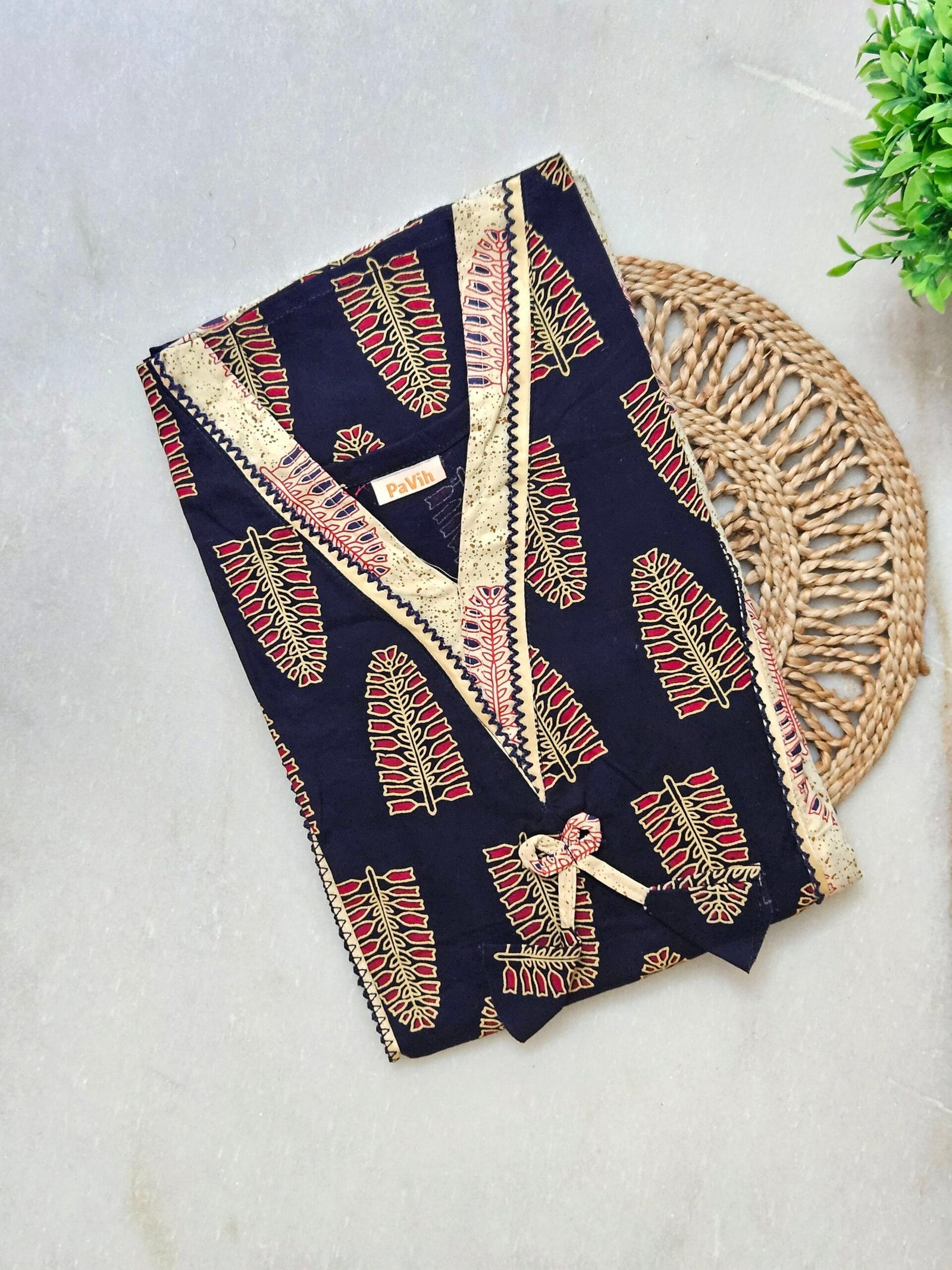 N290 1 scaled Beige and Dark Navy Blue Printed Designer Pure Cotton Nighty | A-line | XL, Bust Size 46”| Length 54"| N290 - Image 2