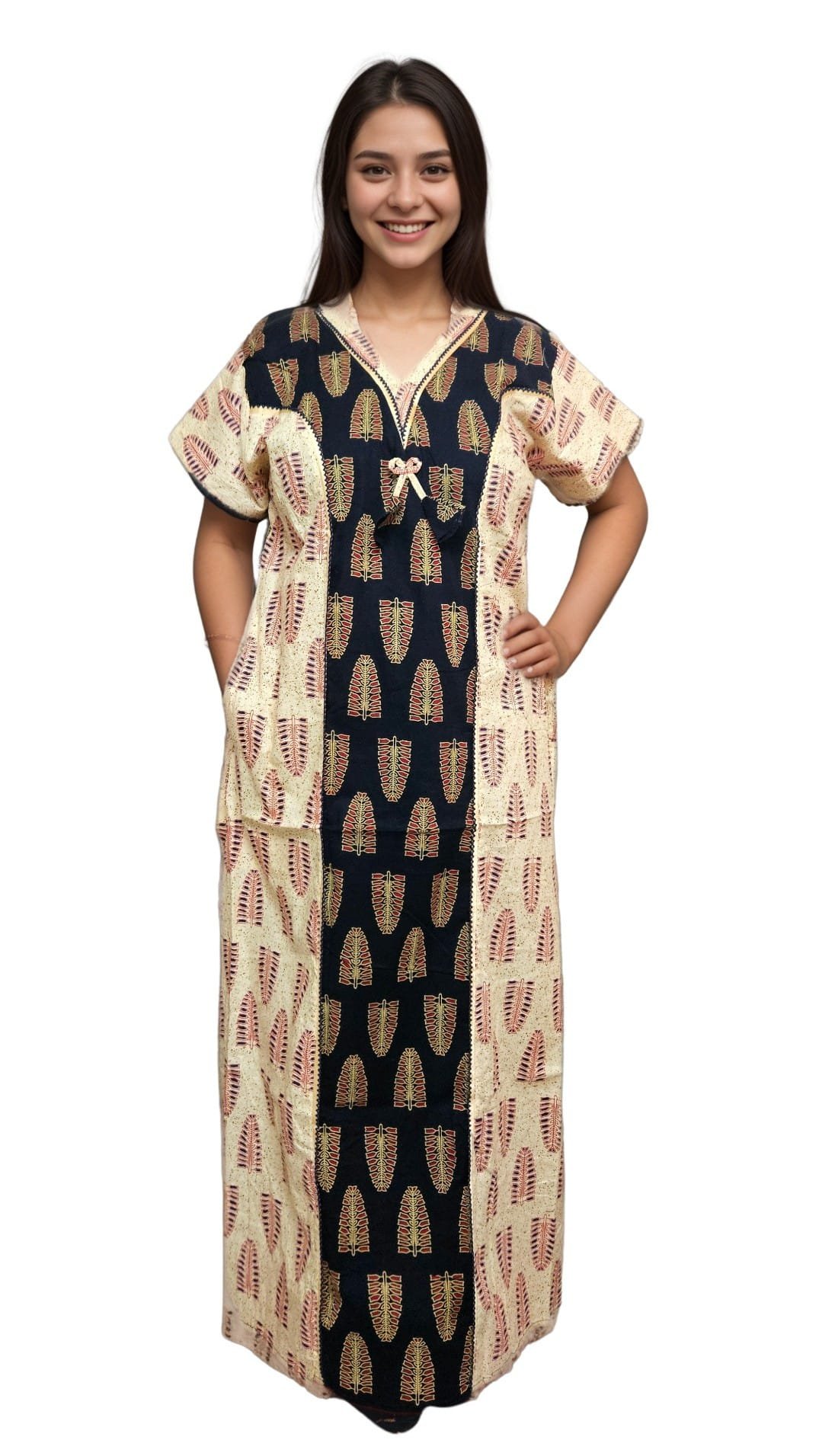 N290 2 Beige and Dark Navy Blue Printed Designer Pure Cotton Nighty | A-line | XL, Bust Size 46”| Length 54"| N290 - Image 3