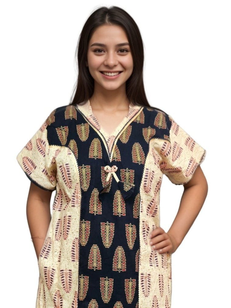 Beige and Dark Navy Blue Printed Designer Pure Cotton Nighty | A-line | XL, Bust Size 46”| Length 54"| N290