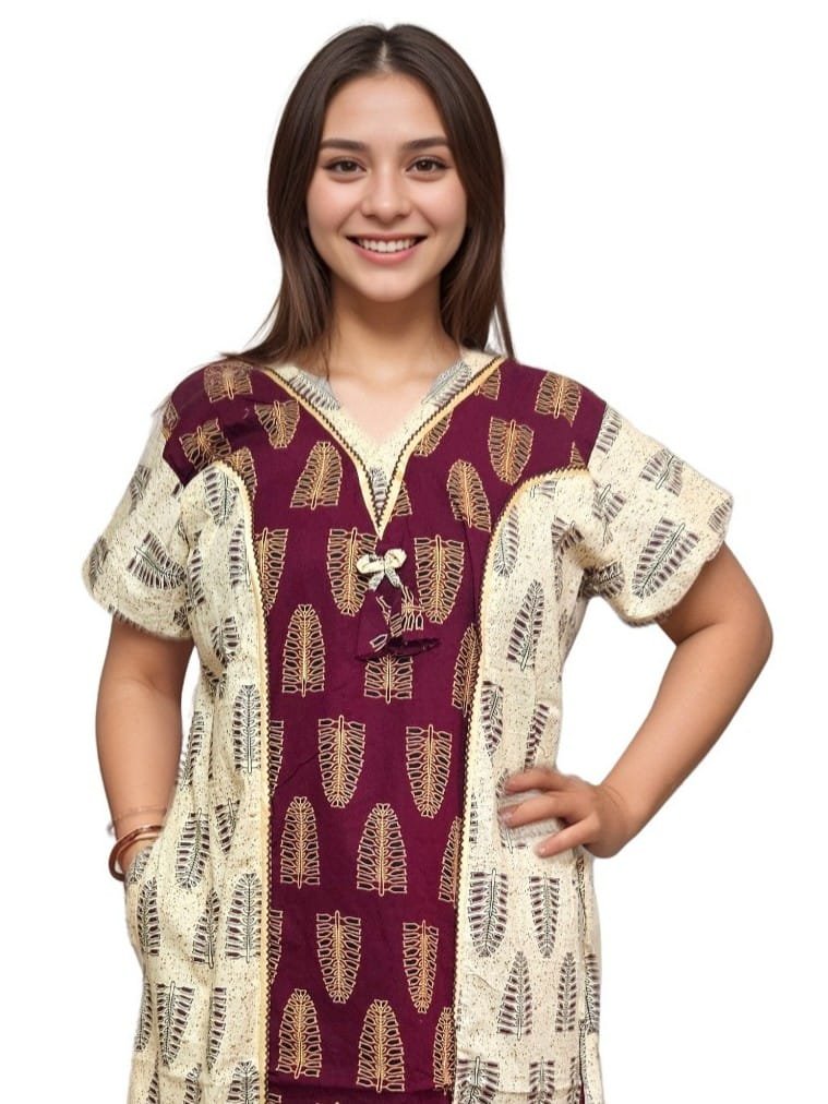 Beige and Maroon Printed Designer Pure Cotton Nighty | A-line | XL, Bust Size 46”| Length 54"| N291