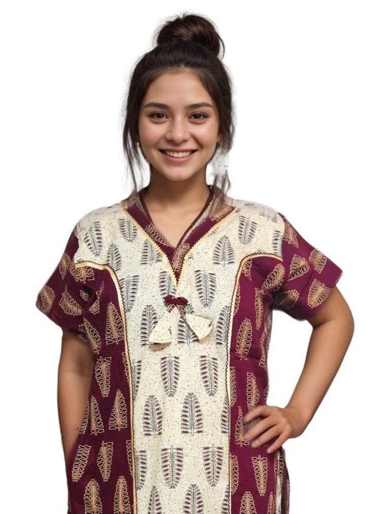 Maroon and Beige Printed Designer Pure Cotton Nighty | A-line | XL, Bust Size 46”| Length 54"| N292