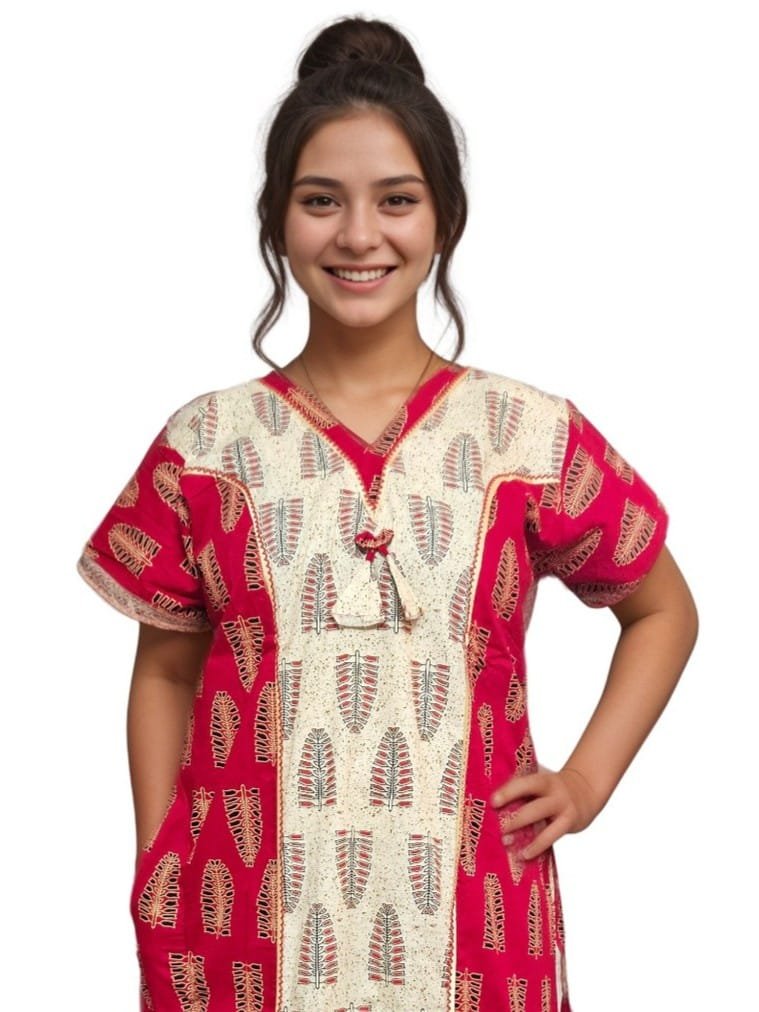 Red and Beige Printed Designer Pure Cotton Nighty | A-line | XL, Bust Size 46”| Length 54"| N293
