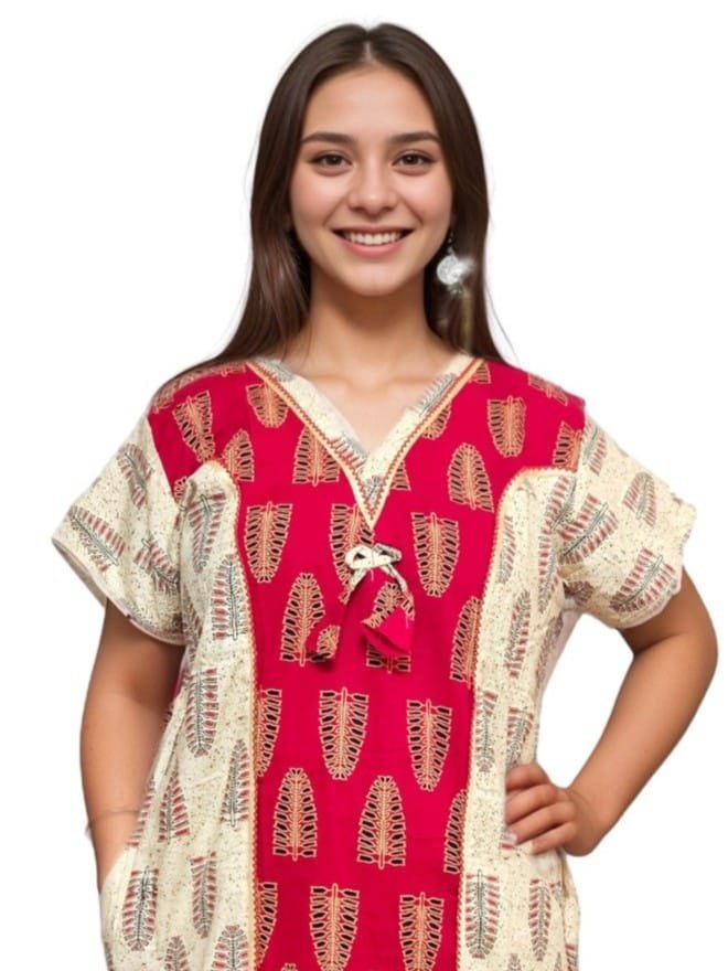 Beige and Red Printed Designer Pure Cotton Nighty | A-line | XL, Bust Size 46”| Length 54"| N294