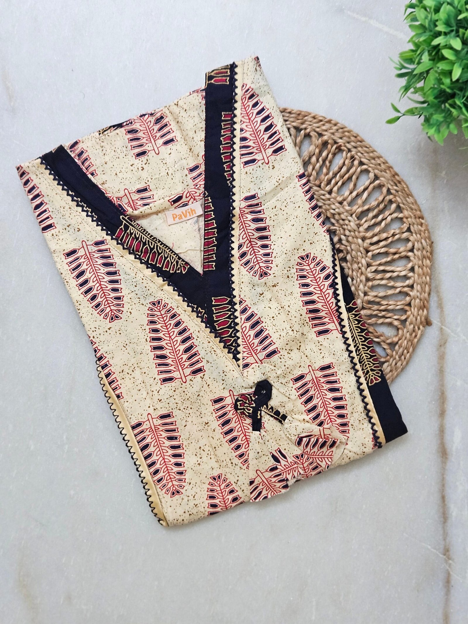 N295 1 scaled Dark Navy Blue and Beige Printed Designer Pure Cotton Nighty | A-line | XL, Bust Size 46”| Length 54"| N295 - Image 2