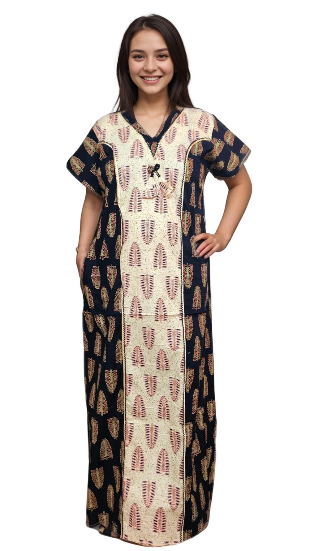 N295 2 Dark Navy Blue and Beige Printed Designer Pure Cotton Nighty | A-line | XL, Bust Size 46”| Length 54"| N295 - Image 3