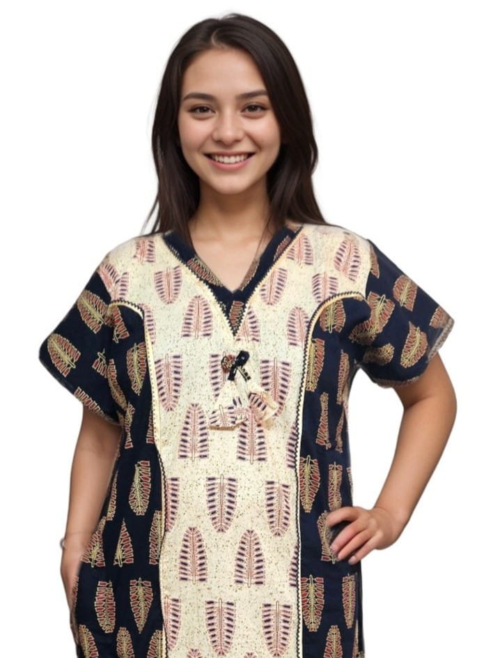 Dark Navy Blue and Beige Printed Designer Pure Cotton Nighty | A-line | XL, Bust Size 46”| Length 54"| N295