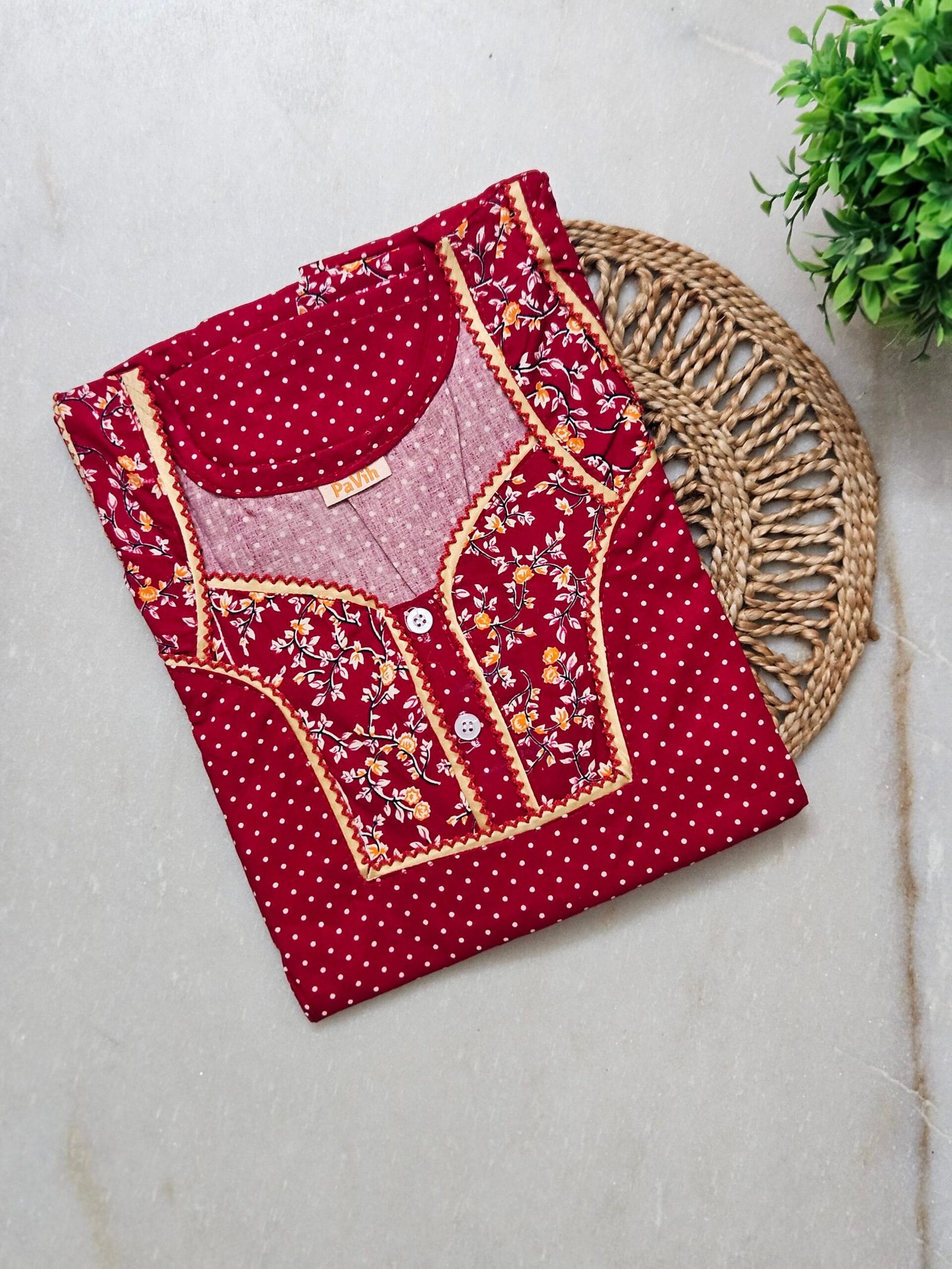 N296 1 scaled Red Polka Dot Print Designer Pure Cotton Nighty | A-line | XL, Bust Size 46”| Length 54"| N296 - Image 2