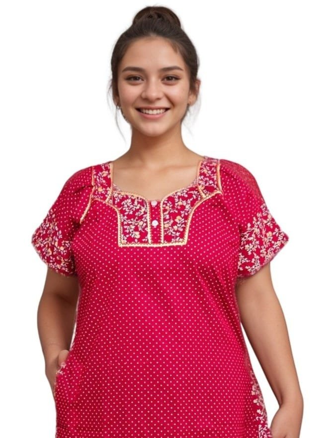 Red Polka Dot Print Designer Pure Cotton Nighty | A-line | XL, Bust Size 46”| Length 54"| N296