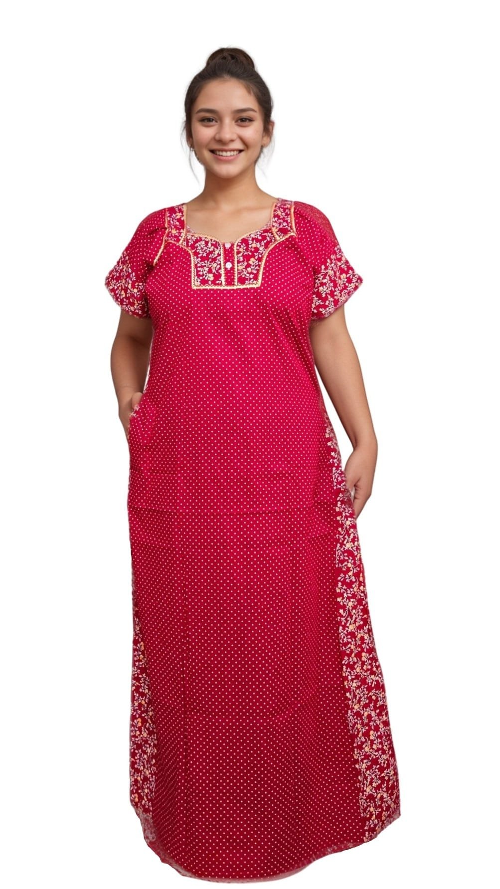N296 3 Red Polka Dot Print Designer Pure Cotton Nighty | A-line | XL, Bust Size 46”| Length 54"| N296 - Image 4
