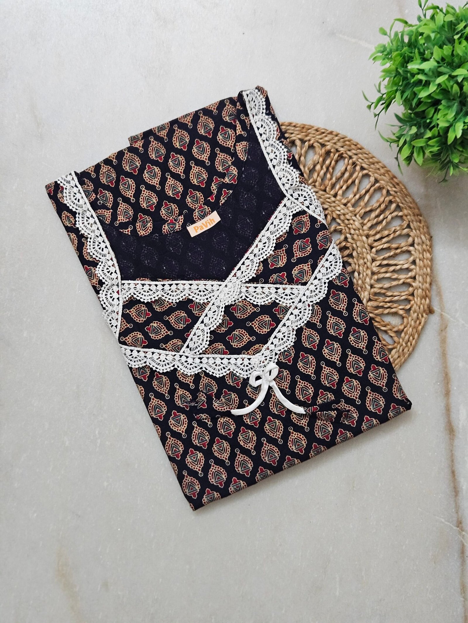 N297 1 scaled Dark Navy Blue Block Printed Designer Pure Cotton Nighty | A-line | XXL, Bust Size 48”| Length 55"| N297 - Image 2
