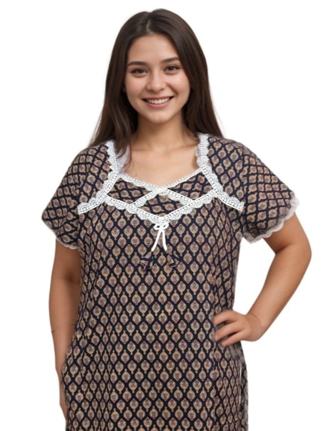 Dark Navy Blue Block Printed Designer Pure Cotton Nighty | A-line | XXL, Bust Size 48”| Length 55"| N297