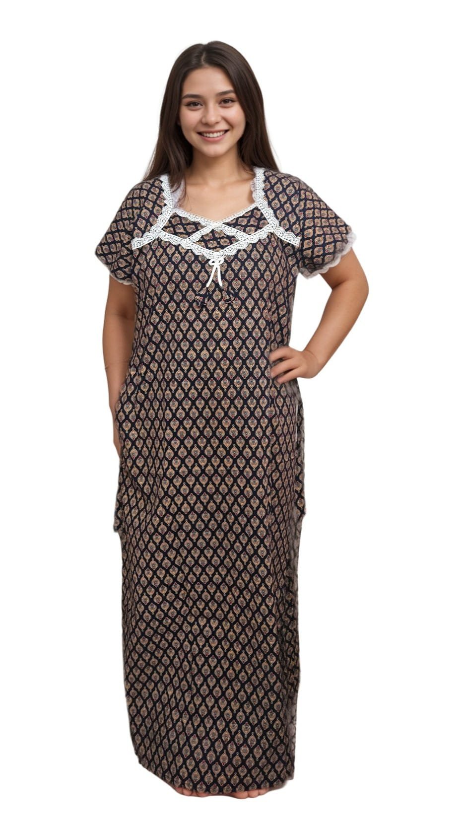 N297 3 Dark Navy Blue Block Printed Designer Pure Cotton Nighty | A-line | XXL, Bust Size 48”| Length 55"| N297 - Image 4