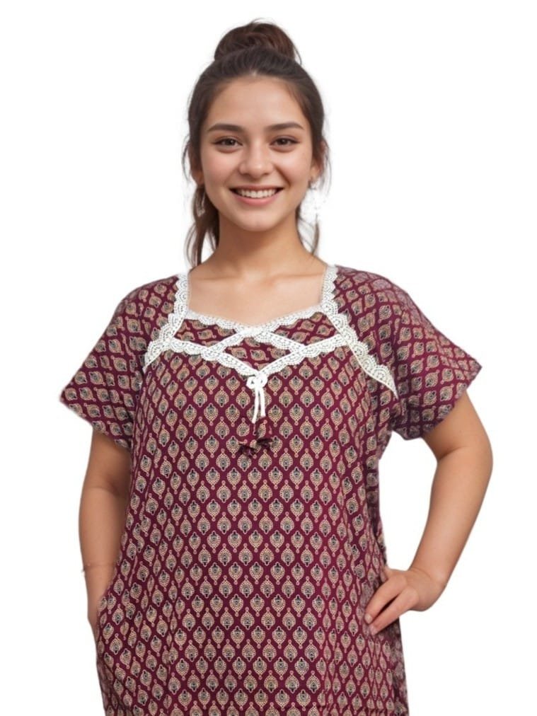 Dark Maroon Block Printed Designer Pure Cotton Nighty | A-line | XXL, Bust Size 48”| Length 55"| N298