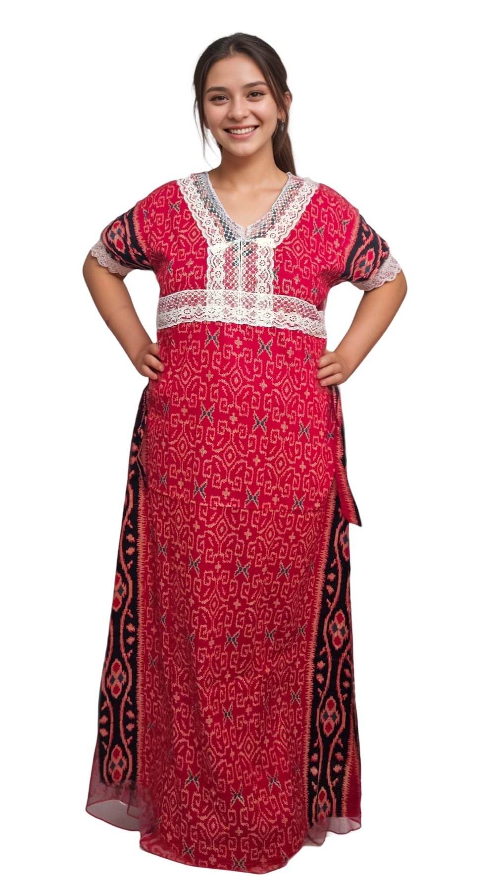 N299 2 Red Printed Designer Pure Cotton Nighty | A-line | XL, Bust Size 46”| Length 55"| N299 - Image 3