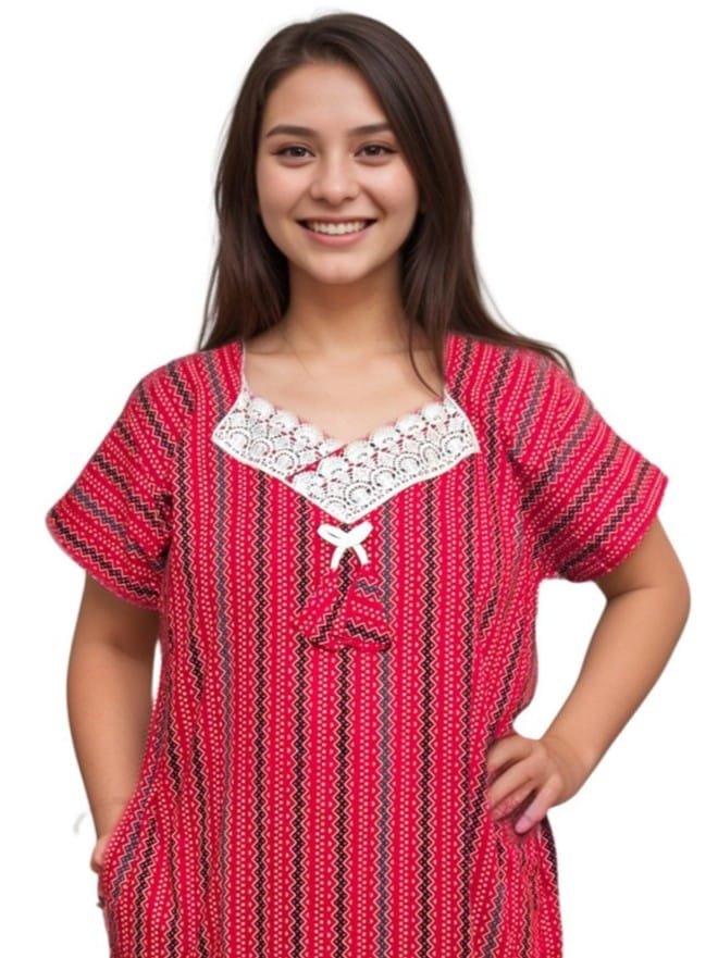Red Printed Designer Pure Cotton Nighty | A-line | XXL, Bust Size 48”| Length 54"| N301