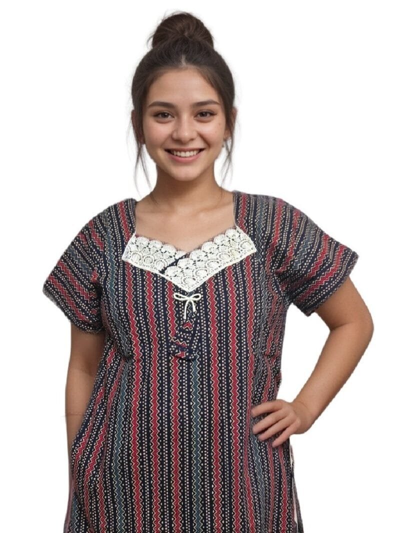 Dark Navy Blue Printed Designer Pure Cotton Nighty | A-line | XXL, Bust Size 48”| Length 54"| N303