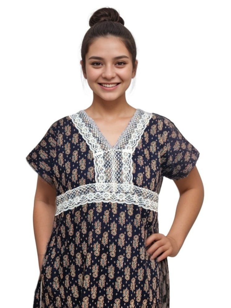 Black Printed Designer Pure Cotton Nighty | A-line | XL, Bust Size 46”| Length 55"| N305