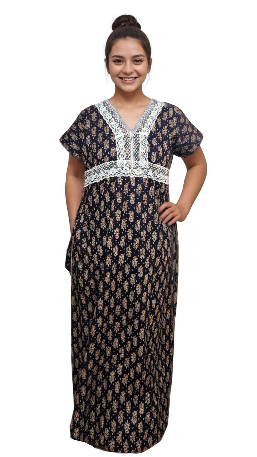 N305 3 Black Printed Designer Pure Cotton Nighty | A-line | XL, Bust Size 46”| Length 55"| N305 - Image 4