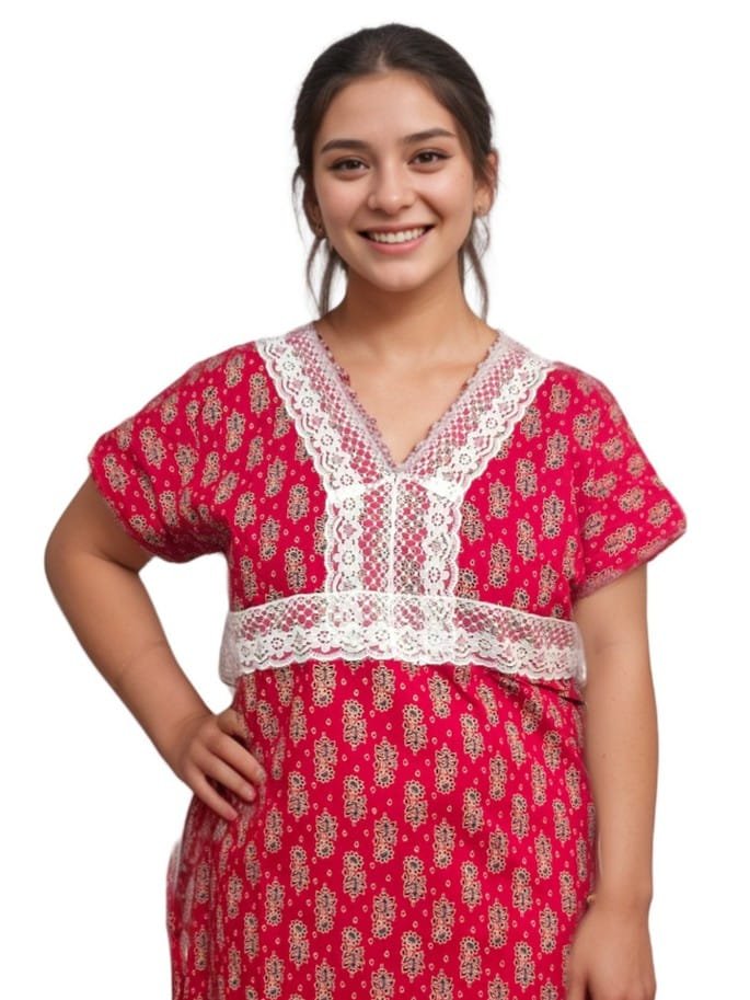 Red Printed Designer Pure Cotton Nighty | A-line | XL, Bust Size 46”| Length 55"| N306