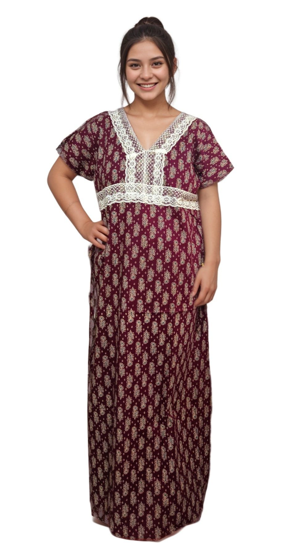 N307 2 Brown Printed Designer Pure Cotton Nighty | A-line | XL, Bust Size 46”| Length 55"| N307 - Image 3