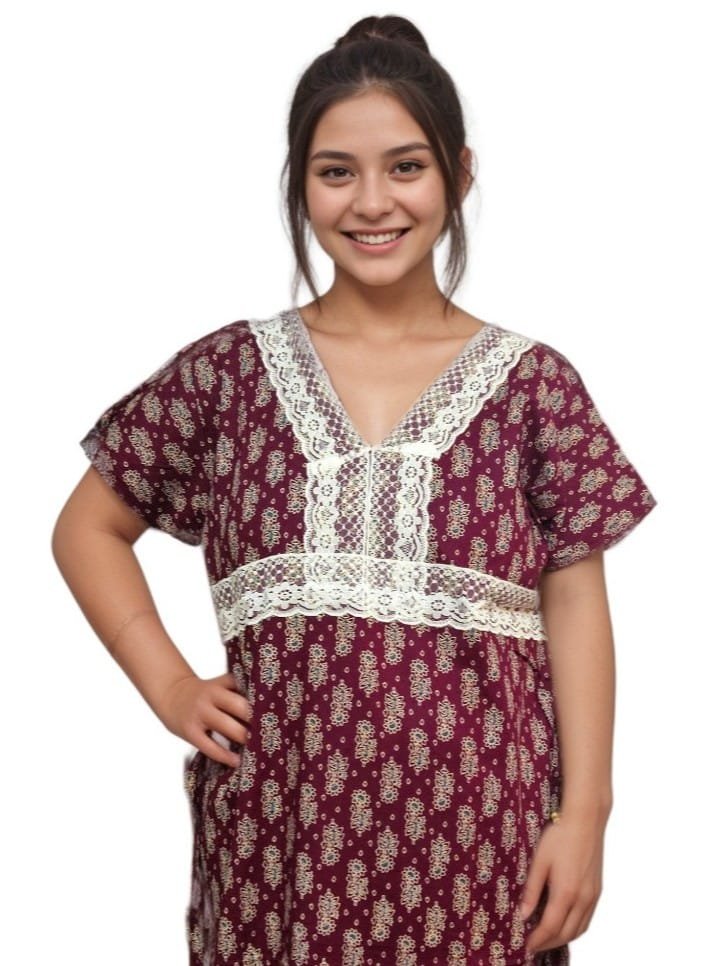 Brown Printed Designer Pure Cotton Nighty | A-line | XL, Bust Size 46”| Length 55"| N307