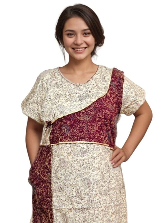 Beige and Maroon Designer Pure Cotton Nighty | A-line | XL, Bust Size 46”| Length 54"| N308