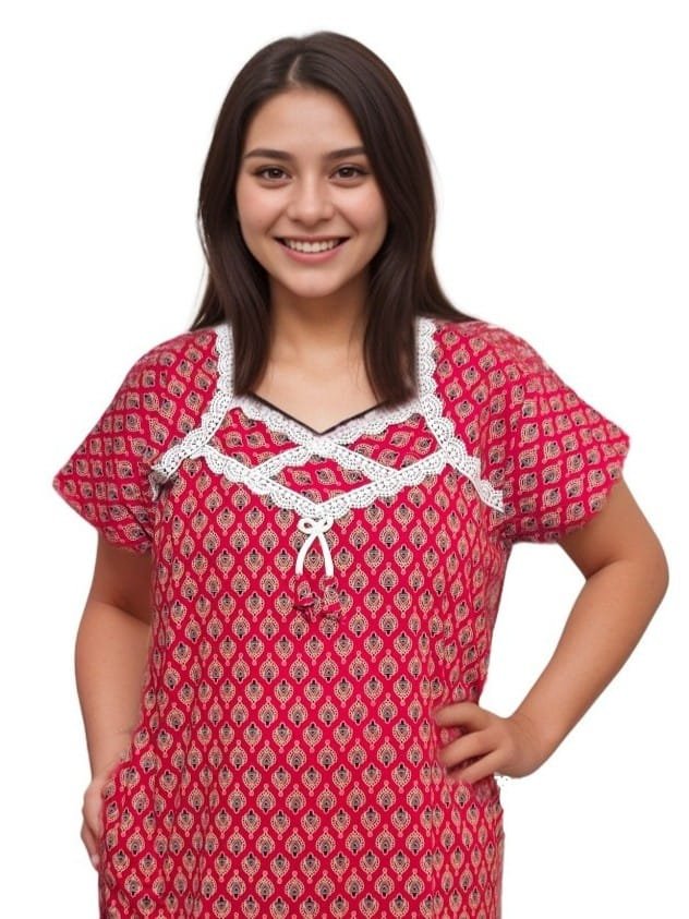 Red Block Printed Designer Pure Cotton Nighty | A-line | XXL, Bust Size 48”| Length 55"| N309